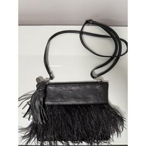 VASH Feathered Leather Crossbody Shoulder Bag Black Formal Event Dressy Clutch